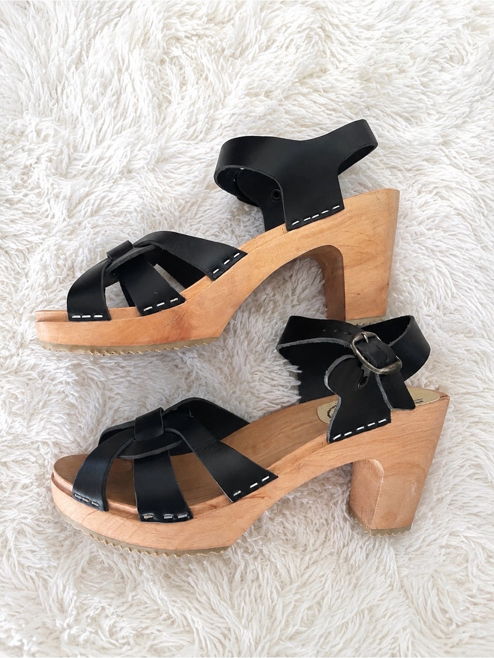 Skola Black Leather Wooden Comfort Platform Sandals Clog Heel Ankle Strap Sz 40
